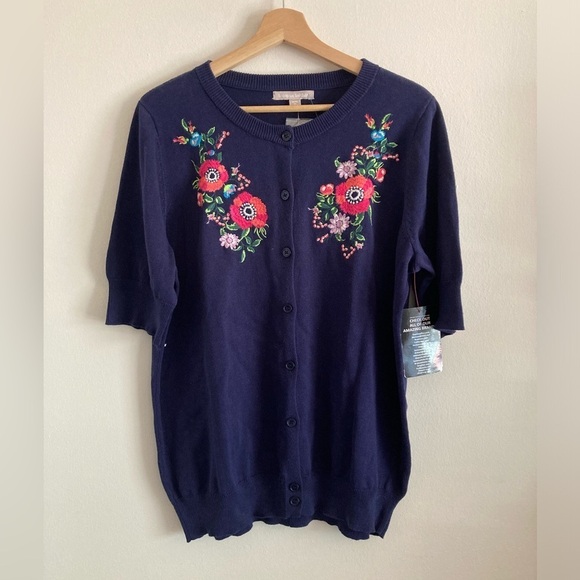 Woman Within Floral Embroidered Sweater Boho Half Sleeve Cardigan 14/16 NWT - Picture 1 of 6